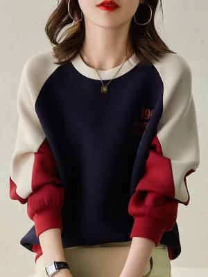 Purpdrank - Autumn Winter Color Blocking Printing Letter Sweatshirts Women New Long Sleeve O-collar Plush Thickening All-match Top