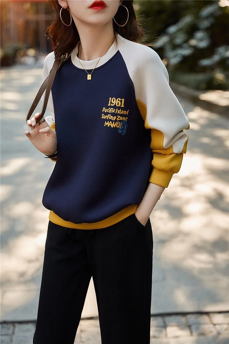 Purpdrank - Autumn Winter Color Blocking Printing Letter Sweatshirts Women New Long Sleeve O-collar Plush Thickening All-match Top