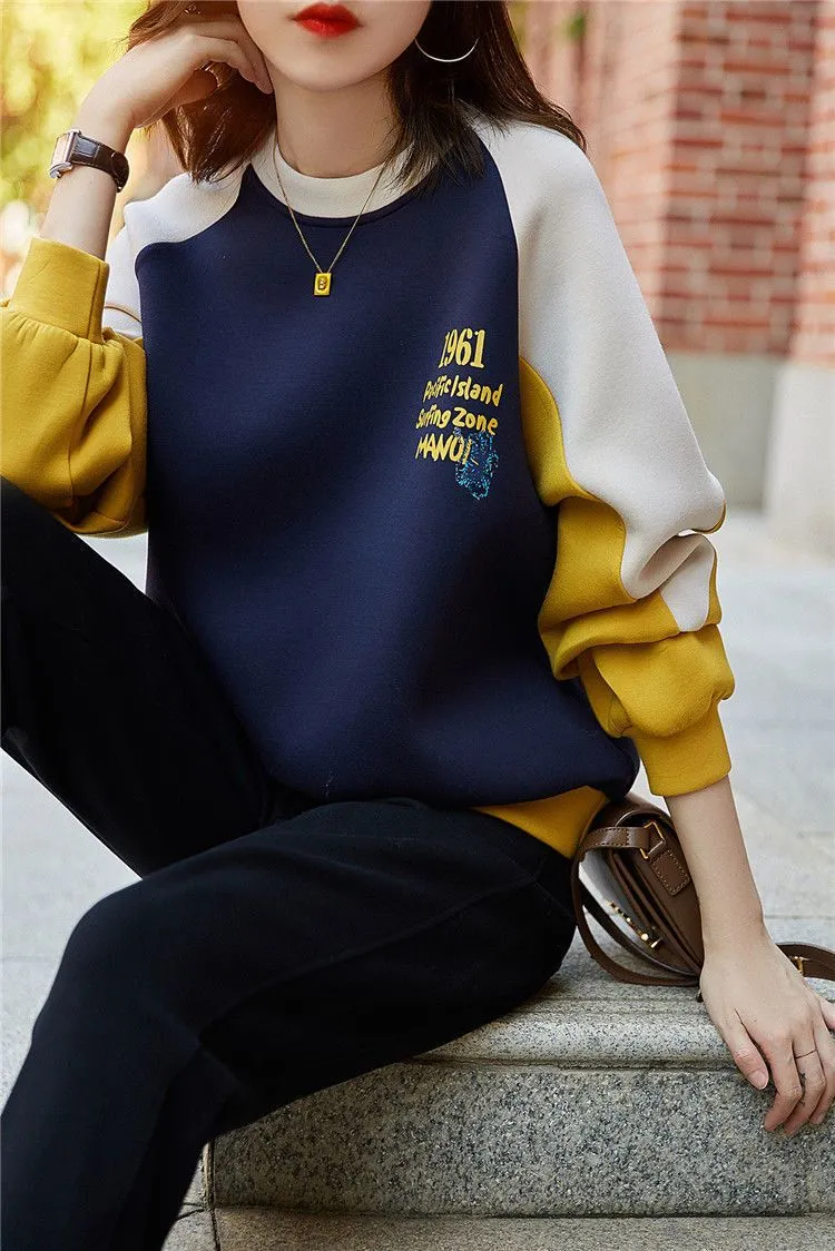 Purpdrank - Autumn Winter Color Blocking Printing Letter Sweatshirts Women New Long Sleeve O-collar Plush Thickening All-match Top