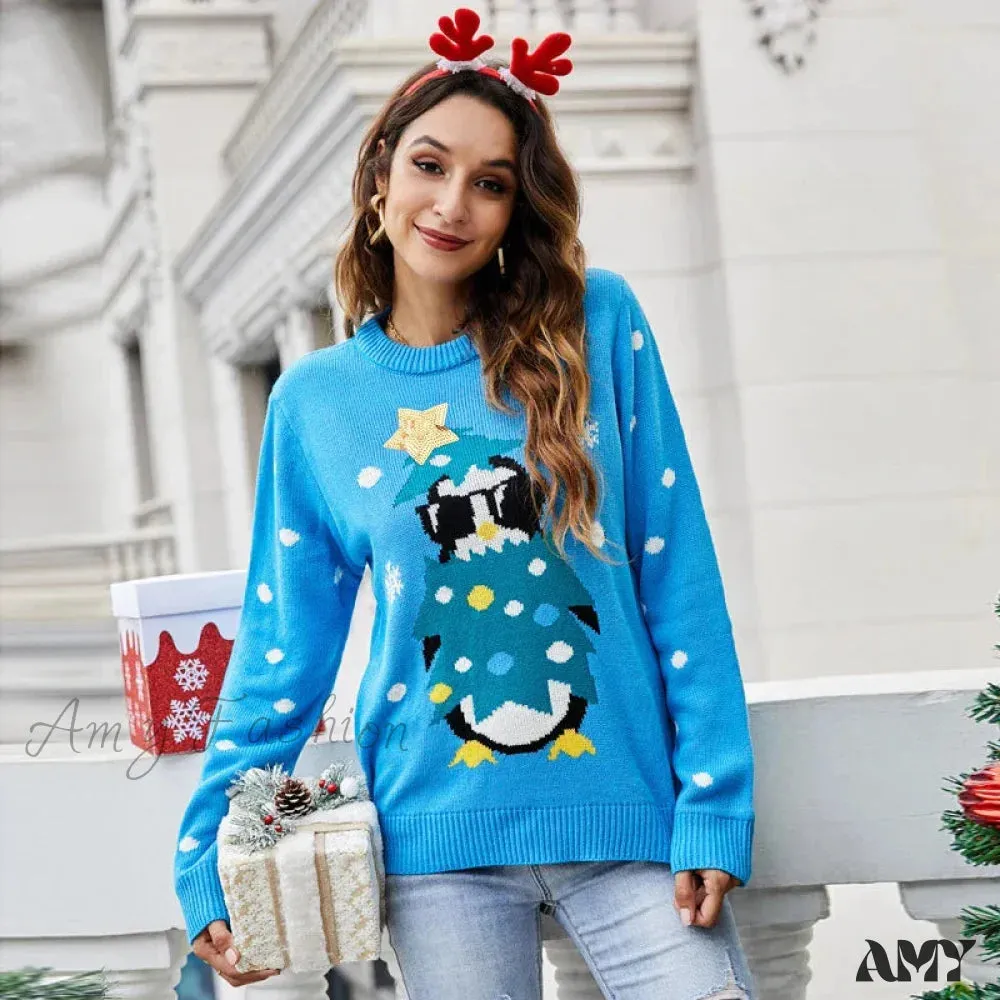 Red Sequined Knitted Christmas Sweater - Long Sleeve Casual Autumn Winter Fashion