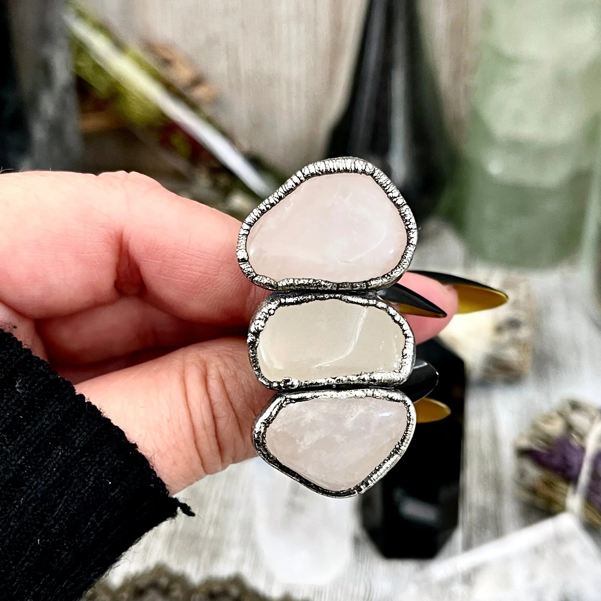 Size 7.5 Crystal Ring - Three Stone Pink Rose Quartz Ring in Silver / Foxlark Collection - One of a Kind