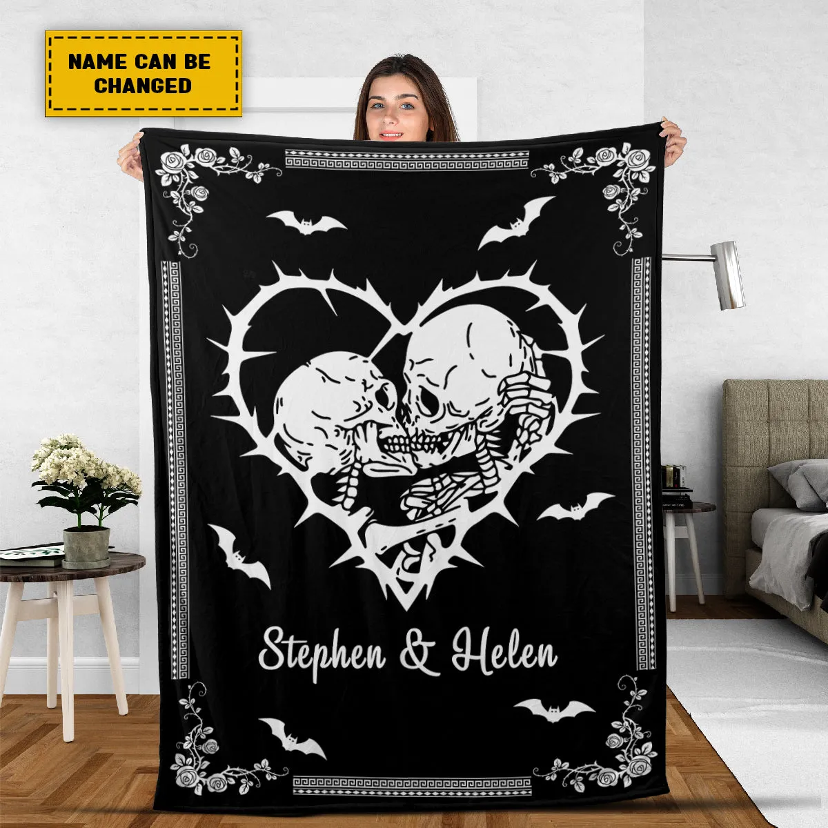 Teesdily | Personalized Skeleton Couple Blanket Together Forever Fleece Blanket Halloween Goth Couple Halloween Gift Personalized Skull Gothic